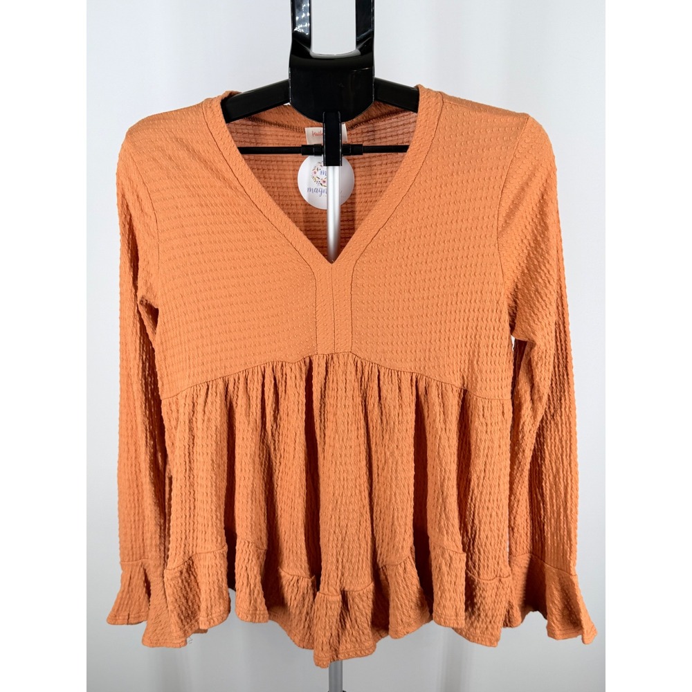 Hailey & Co Waffle Knit Babydoll Top Orange V-Neck Ruffle Hem Small